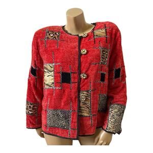 Vintage Allure Jacket Womens Medium Orange Patchwork Animal Print Button Front